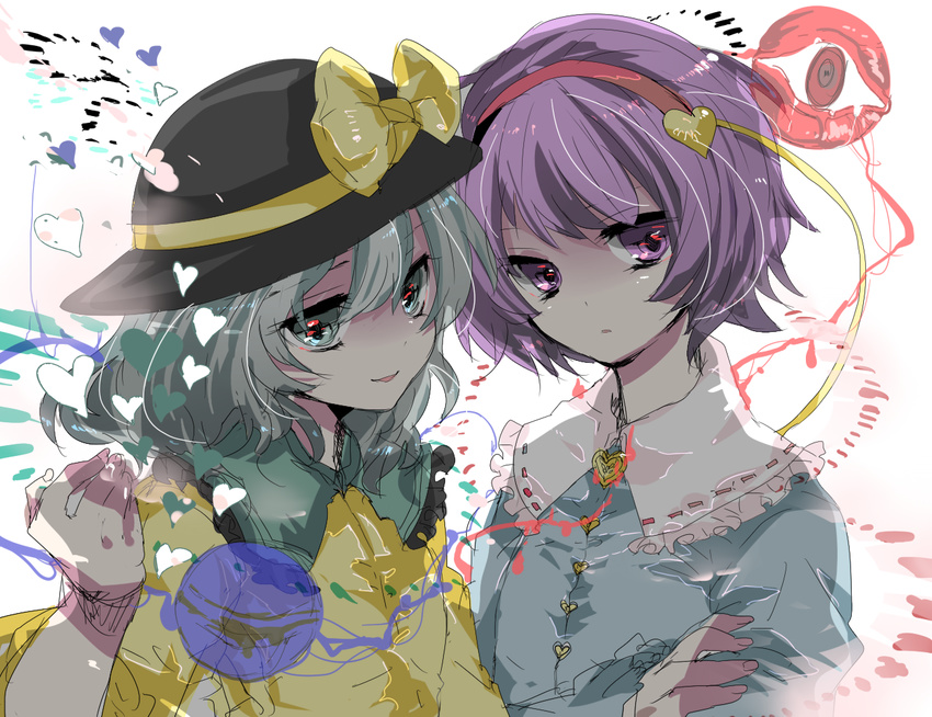 beckoning eyeball green_eyes green_hair hairband hat heart ichi_(antonym) komeiji_koishi komeiji_satori multiple_girls purple_eyes purple_hair siblings sisters sketch smile third_eye touhou upper_body