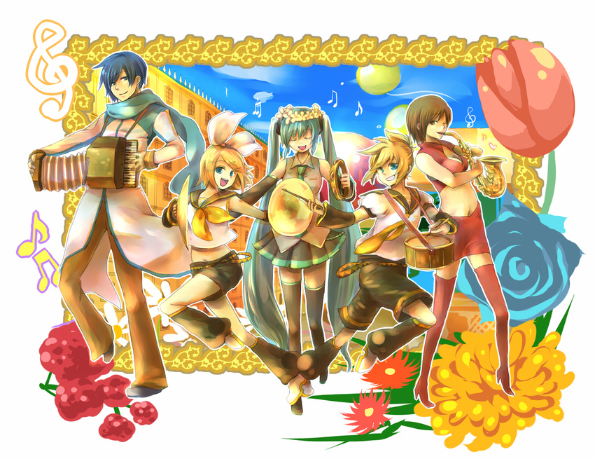 3girls accordion beamed_eighth_notes beamed_sixteenth_notes boots brother_and_sister cymbals drum eighth_note flower hashimochi hatsune_miku instrument kagamine_len kagamine_rin kaito meiko midriff multiple_boys multiple_girls music musical_note saxophone siblings tambourine thigh_boots thighhighs treble_clef twins vocaloid wallpaper