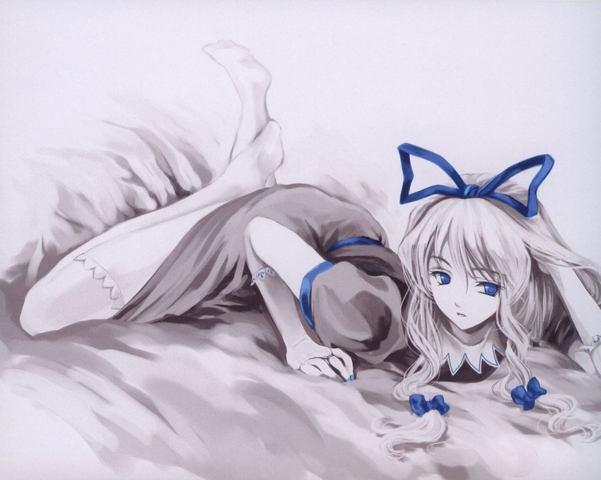 blue blue_eyes blue_nails cradle_(artist) hair_ribbon misaki_kurehito monochrome nail_polish ribbon solo spot_color thighhighs touhou yakumo_yukari