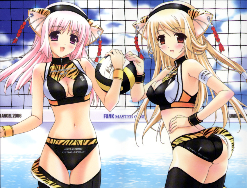 :d animal_ears animal_print ass ball beach beachball bikini blonde_hair breasts cat_ears cleavage cleavage_cutout copyright_request day hand_on_hip highres kimizuka_aoi long_hair medium_breasts midriff multiple_girls navel net open_mouth outdoors pink_hair purple_eyes red_eyes scan smile sweatband swimsuit tail tiger_print volleyball