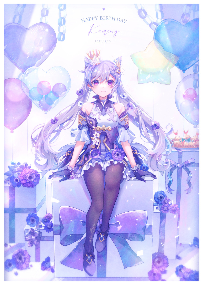 1girl 3mlie absurdres balloon bangs bare_shoulders black_legwear border box character_name choker commentary_request crown dated detached_sleeves dress earrings flower frilled_dress frills full_body genshin_impact gift gift_box gloves golden_shrimp_balls_(genshin_impact) hair_cones hair_flower hair_ornament happy_birthday heart heart_balloon highres jewelry keqing_(genshin_impact) long_hair looking_at_viewer mini_crown pantyhose paper_chain petals purple_choker purple_dress purple_eyes purple_footwear purple_gloves purple_hair purple_ribbon ribbon shoes sitting smile solo star_balloon swept_bangs tassel tilted_headwear twintails