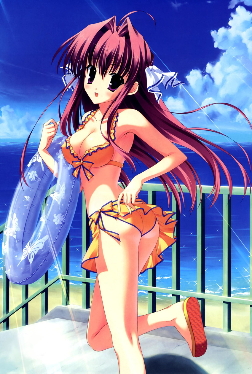 absurdres beach bikini clear day hair_ribbon highres long_hair mitha outdoors pink_hair purple_eyes ribbon solo swimsuit tsukimura_miki water