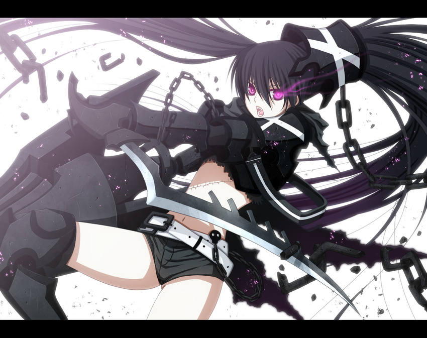 armor bad_id bad_pixiv_id belt black_hair black_rock_shooter burning_eye chain insane_black_rock_shooter navel open_mouth pink_eyes scar shorts solo sword weapon yuuno_(yukioka)