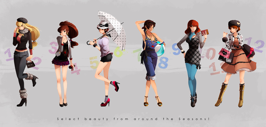 3girls :o bag ball beret book breasts character_request cleavage glasses hair_ribbon hands hat high_heels highres jewelry large_breasts legs long_hair lupin_iii multiple_boys multiple_girls nasubi_(w.c.s) necklace otoko_no_ko overalls pantyhose ribbon shoes shorts skirt smile umbrella
