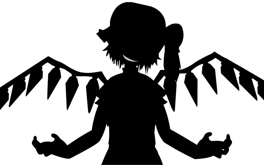 bad_apple!! evil_grin evil_smile flandre_scarlet greyscale grin highres monochrome screencap side_ponytail silhouette smile solo touhou vector_trace wings