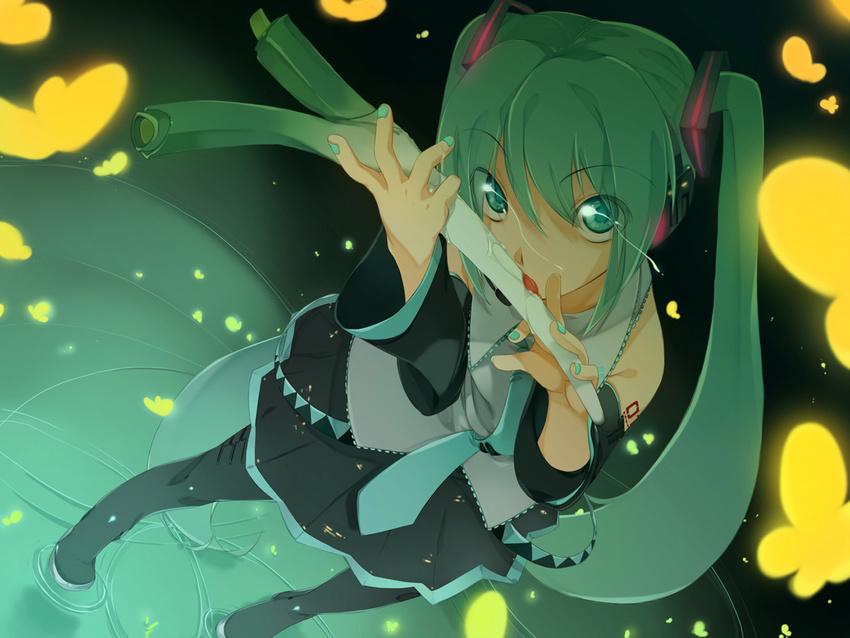 bare_shoulders blue_eyes blue_hair butterfly detached_sleeves flat_chest green_eyes green_hair hatsune_miku highres leek licking long_hair maruku miku_hatsune nail_polish necktie saliva sexually_suggestive spring_onion thighhighs tie twin_tails twintails very_long_hair vocaloid vocaloid2 wallpaper water