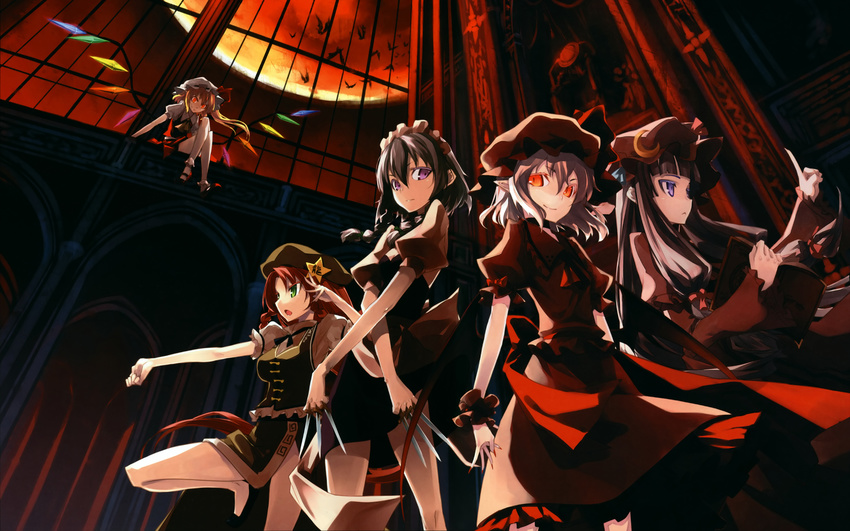 :&lt; bad_id bad_pixiv_id bat book colored_eyelashes crazy_eyes crossed_legs eyelashes fighting_stance flandre_scarlet glowing glowing_eyes highres hong_meiling index_finger_raised izayoi_sakuya knife moon multiple_girls patchouli_knowledge pointing red_moon remilia_scarlet shingo_(missing_link) sitting smile touhou wallpaper window wrist_cuffs x_arms