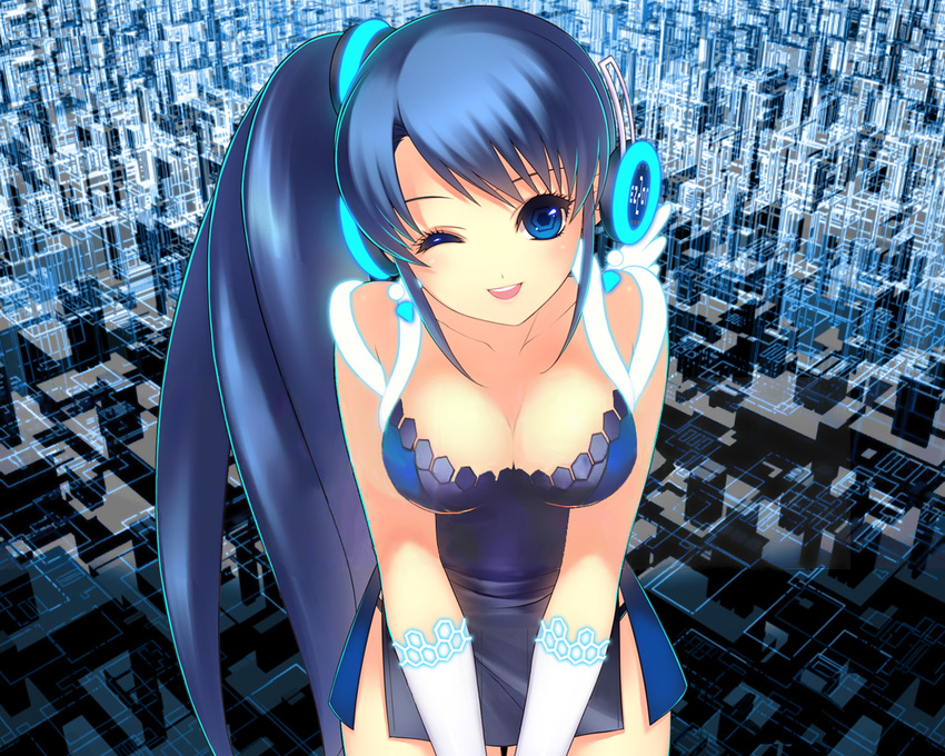 ;d bangs blue_dress blue_eyes blue_hair breasts cleavage collarbone copyright_request cowboy_shot dress gloves headphones large_breasts leaning_forward long_hair looking_at_viewer one_eye_closed open_mouth ponytail round_teeth shirahane_nao side_ponytail sleeveless smile solo teeth very_long_hair