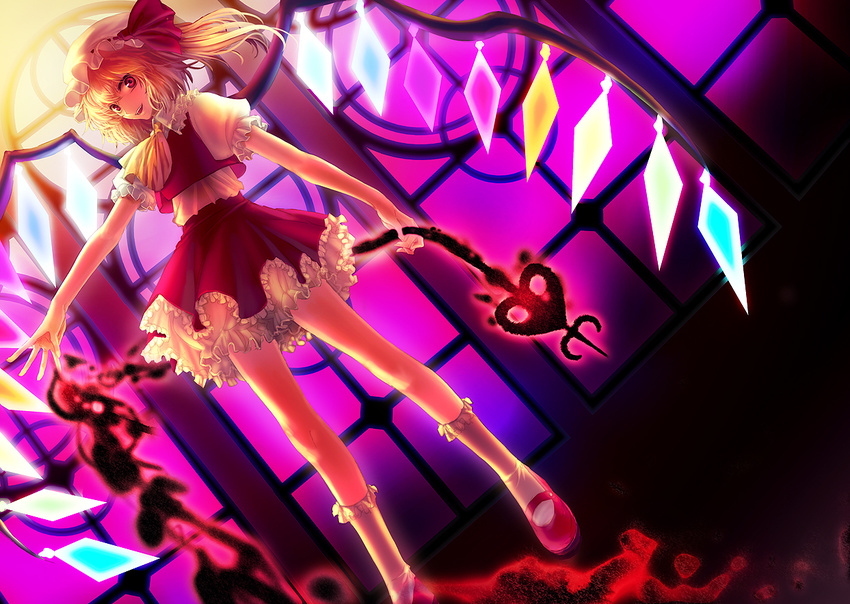 ascot bad_id bad_pixiv_id blonde_hair bloomers dress flandre_scarlet frills hat hat_ribbon irua laevatein light mary_janes one_side_up open_mouth outstretched_arm ponytail red_eyes ribbon shoes short_hair socks solo touhou underwear window wings