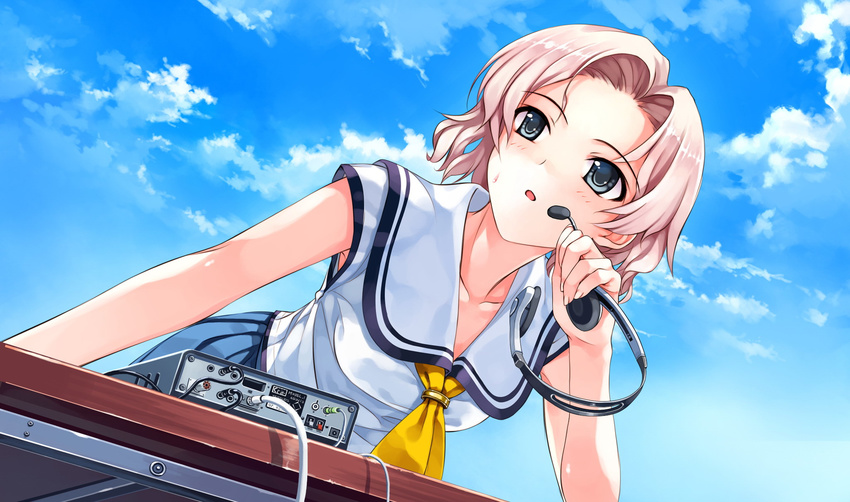 blonde_hair blush deep_blue_sky_&amp;_pure_white_wings hanami_mar'ya headphones misaki_kurehito seifuku short_hair