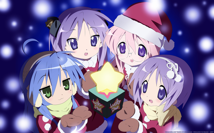 christmas glasses gloves highres hiiragi_kagami hiiragi_tsukasa izumi_konata kagami_hiiragi konata_izumi lucky_star miyuki_takara takara_miyuki tsukasa_hiiragi