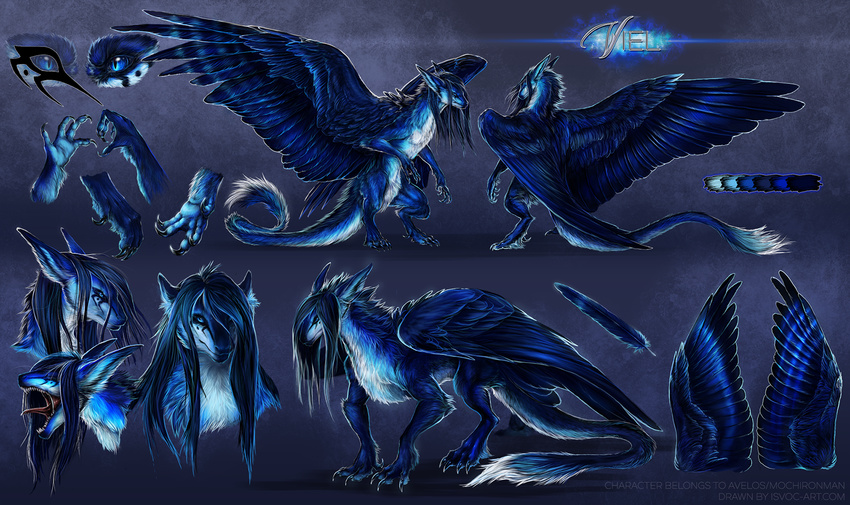 blue_eyes blue_feathers blue_fur blue_hair claws digital_media_(artwork) dragon feathered_dragon feathered_wings feathers female feral fur furred_dragon hair horn isvoc model_sheet nude open_mouth solo standing teeth tongue white_fur wings