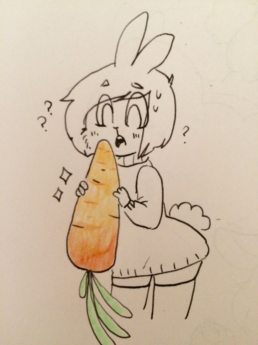 ? anthro buckteeth bunny_(cartoonist) carrot clothed clothing female food fur lagomorph laitbunny mammal open_mouth portrait rabbit simple_background solo sweater_bunny_(character) teeth three-quarter_portrait vegetable wide_eyed young