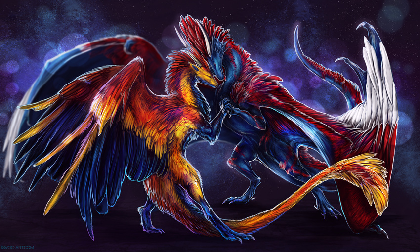 ambiguous_gender blue_feathers claws digital_media_(artwork) dragon duo feathered_dragon feathered_wings feathers feral gradient_feathers horn isvoc orange_feathers red_eyes red_feathers standing wings yellow_feathers