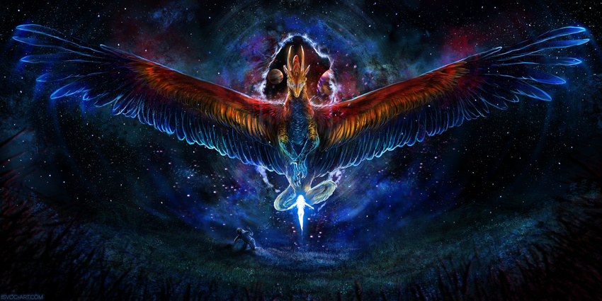 blue_eyes blue_feathers claws detailed_background digital_media_(artwork) dragon duo feathered_dragon feathered_wings feathers feral grass human isvoc kneeling mammal night orange_feathers outside red_feathers sky star starry_sky wings yellow_feathers