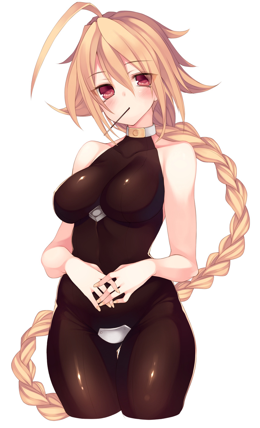 ahoge blazblue bodysuit braid breasts collarbone eyebrows_visible_through_hair food food_in_mouth hair_between_eyes highres himegi_you lambda-11 light_brown_eyes long_hair looking_at_viewer medium_breasts mouth_hold own_hands_together pocky red_eyes single_braid skin_tight sleeveless solo thigh_gap turtleneck very_long_hair