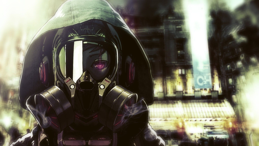 brown_hair building city cyber_punk gas_mask purple_eyes