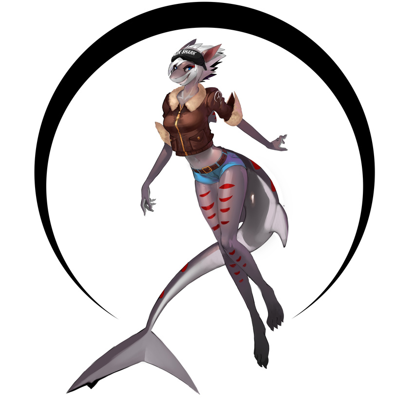 2016 absurd_res anthro belt blue_eyes claws clothing fangs female fish grey_skin hair hi_res hindpaw jacket looking_back marine navel paws red_skin shark shnider short_hair shorts smile solo stripes teeth white_hair white_skin