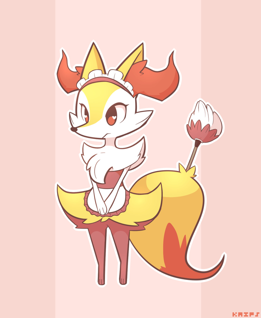 braixen commentary english_commentary feather_duster gen_6_pokemon heart heart_in_eye highres kaiponi maid maid_apron maid_headdress no_humans outline pink_background pokemon pokemon_(creature) red_eyes simple_background solo symbol_in_eye white_outline