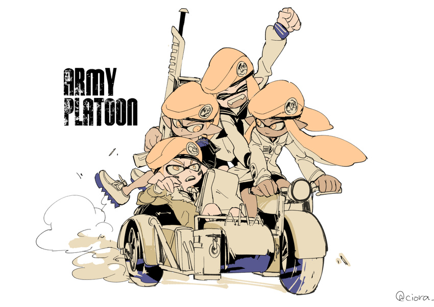 &gt;_&lt; 2girls army-kun_(splatoon) beret closed_eyes dark_skin dark_skinned_male domino_mask driving facepaint forge-chan_(splatoon) ground_vehicle hat inkling mask monochrome motor_vehicle motorcycle multiple_boys multiple_girls notepad orange_eyes pointy_ears sailor_blue-kun_(splatoon) sailor_collar sailor_shirt sailor_white-chan_(splatoon) serizawa_nae shirt sidecar simple_background splat_charger_(splatoon) splatoon_(manga) splatoon_(series) splatoon_1 tentacle_hair twitter_username white_background