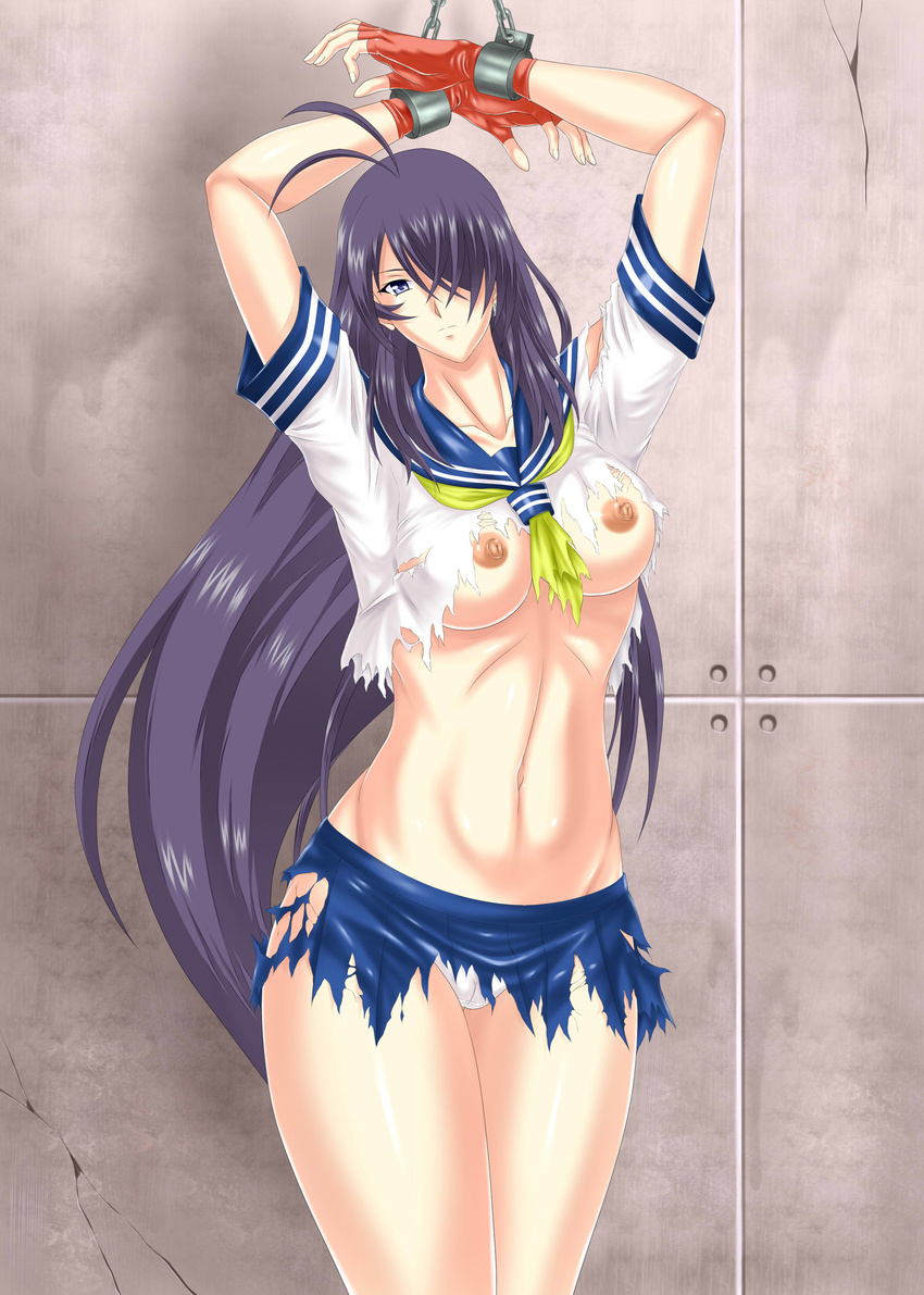 1girl antenna_hair areolae arms_up blue_skirt breasts cameltoe cowboy_shot cuffs earrings fingerless_gloves hair_over_one_eye highres ikkitousen kamo_(nobuhide19790717) kan'u_unchou large_breasts legs long_hair looking_at_viewer navel nipples no_bra panties purple_eyes purple_hair school_uniform serious short_sleeves skirt solo standing thighs tied_up torn_clothes underwear white_panties