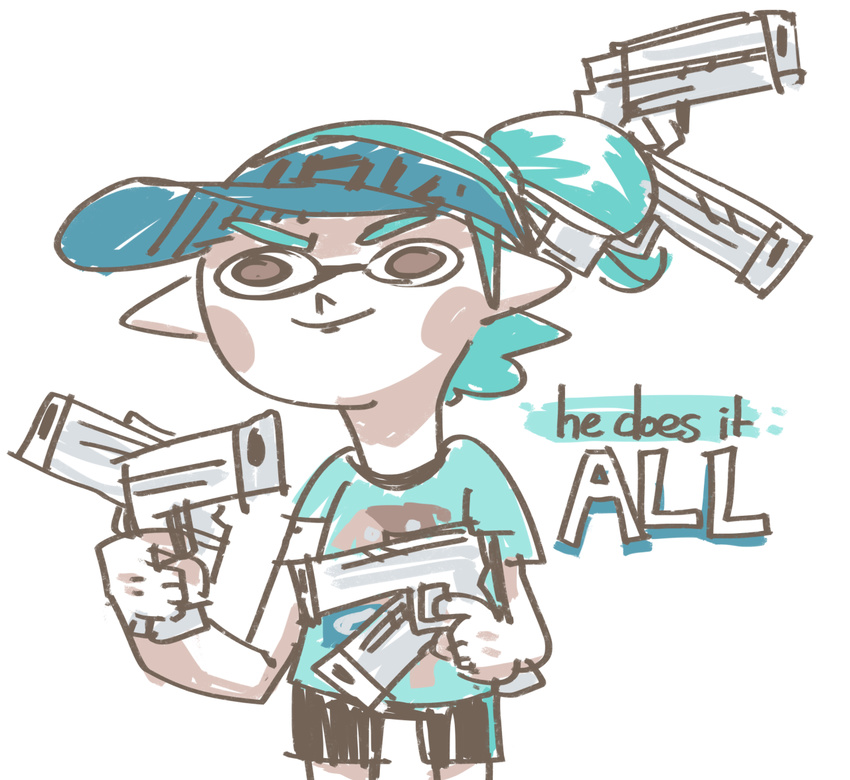 angry blue_hair brown_eyes canine cephalopod clothed clothing digital_media_(artwork) dog english_text flat_colors gun hair handgun hi_res holding_object humanoid inkling katribou male mammal marine meme nintendo ranged_weapon shirt shorts simple_background solo splat_tim splatoon squid t-shirt text video_games visor weapon white_background