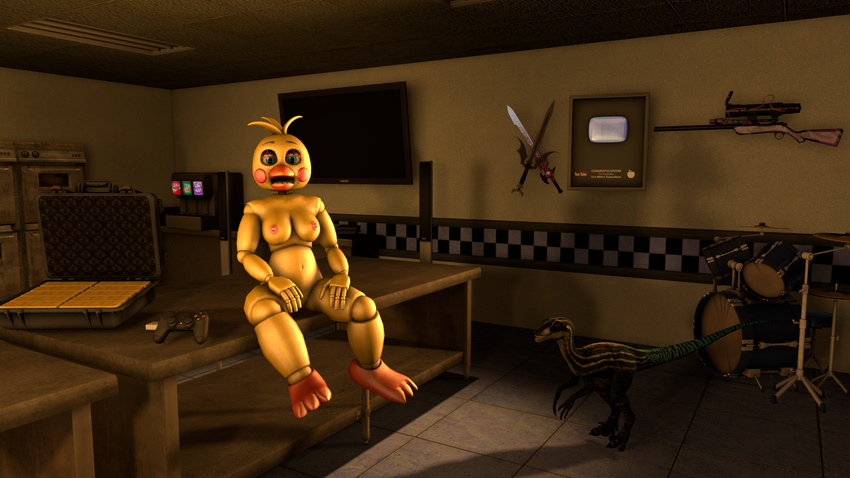2016 3d_(artwork) animatronic anthro avian bird breasts chicken controller digital_media_(artwork) dinosaur drum female feral five_nights_at_freddy's five_nights_at_freddy's_2 game_controller hi_res looking_at_viewer machine melee_weapon musical_instrument nipples non-mammal_breasts nude playstation raptor robot sitting source_filmmaker sword television theropod toy_chica_(fnaf) video_games weapon xboxking37