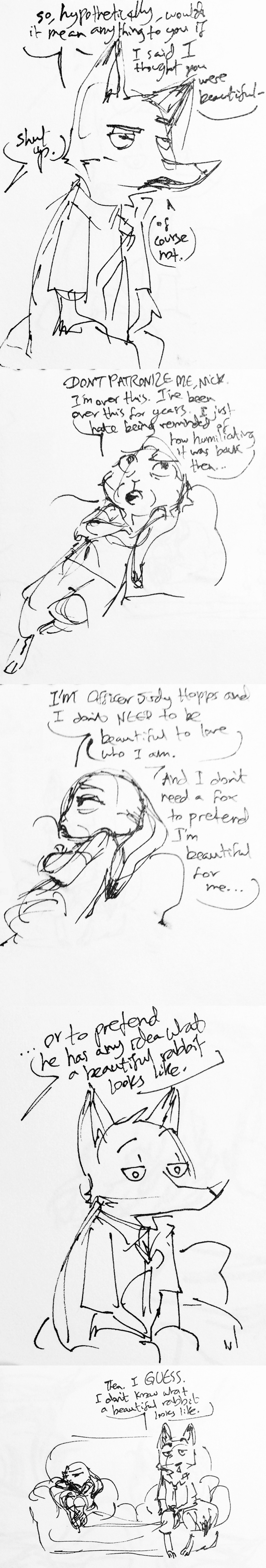 2016 absurd_res anthro canine clothing comic dialogue disney female fox hi_res ink judy_hopps lagomorph lying male mammal necktie nick_wilde nicolaswildes_(artist) pillow rabbit sitting sofa speech_bubble story story_in_description superabsurd_res text traditional_media_(artwork) zootopia