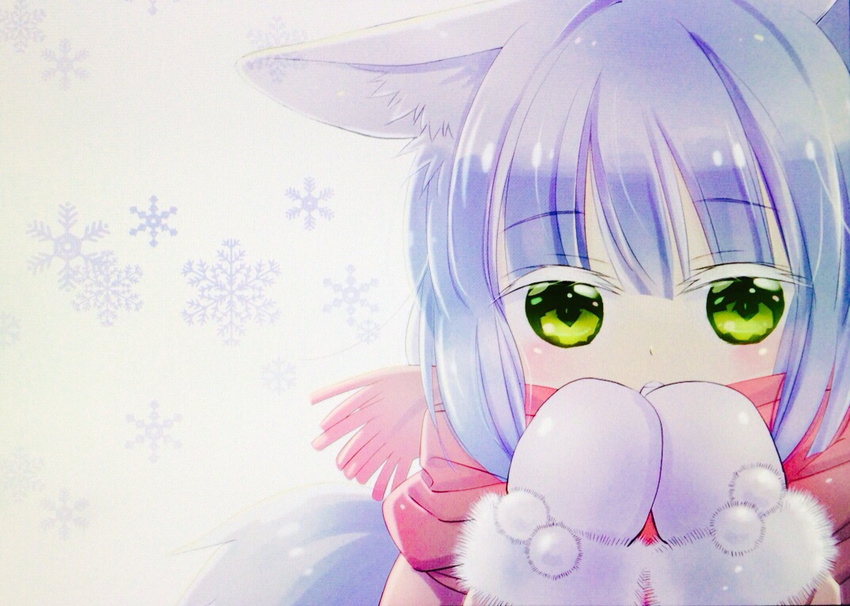 animal_ears bad_id bad_pixiv_id blue_hair commentary_request fox_ears fox_tail green_eyes mittens ofu-white scarf short_hair snowflakes solo tail tebukuro_wo_kai_ni warming_hands winter_clothes