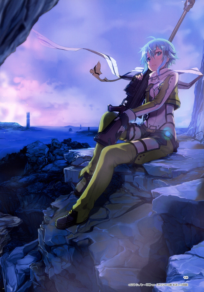 absurdres aqua_hair blue_eyes breasts carrying_over_shoulder chaps clenched_hand cloud cropped_jacket evening fingerless_gloves forest full_body gloves glowing gun hair_ornament hairclip highres jacket long_sleeves looking_at_viewer mikazuki_akira! nature non-web_source outdoors pgm_hecate_ii rifle rock scan scan_artifacts scarf short_hair short_shorts shorts sinon sitting small_breasts sniper_rifle solo sword_art_online twilight weapon