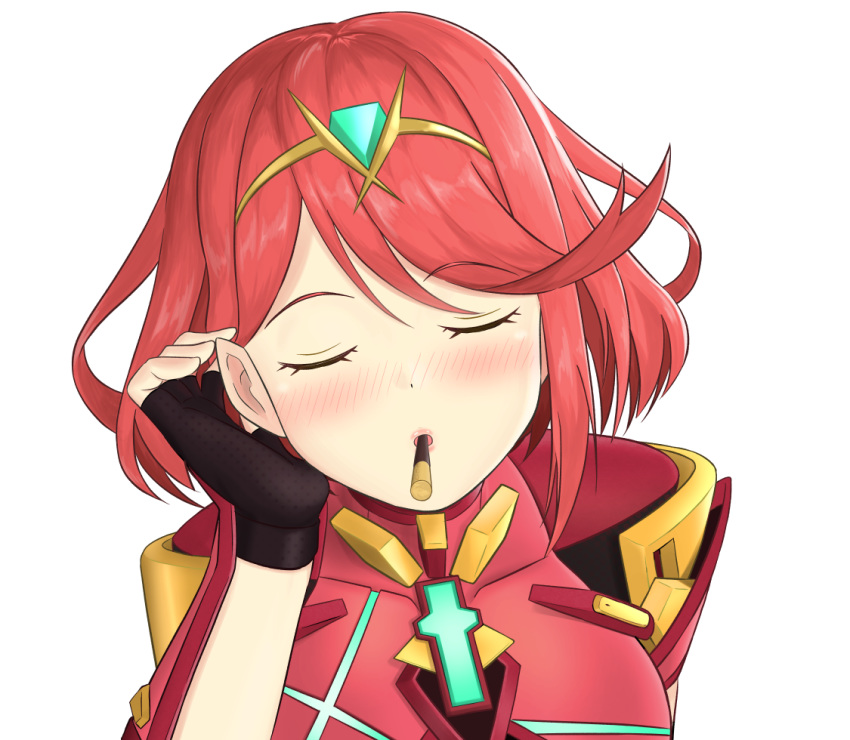 1girl bangs blush eyes_closed food gem headpiece homura_(xenoblade_2) jewelry nintendo pocky pocky_kiss red_hair shared_food short_hair simple_background solo sssemiii swept_bangs white_background xenoblade_(series) xenoblade_2