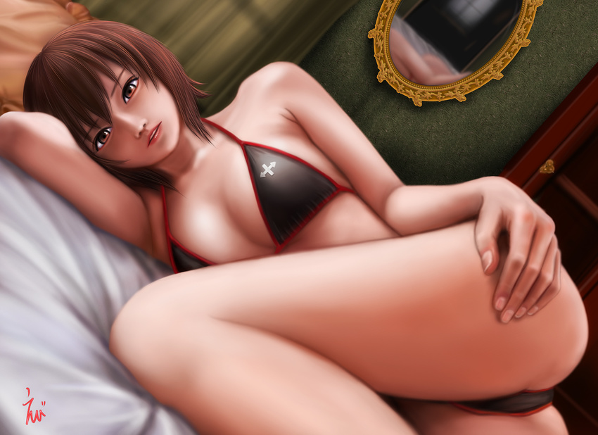 adapted_costume arm_pillow bangs bare_arms bare_shoulders bedroom bikini black_bikini brown_eyes brown_hair closet collarbone curtains dutch_angle ebi_(eeotoko) eyelashes fingernails girls_und_panzer hand_on_own_thigh highres indoors lips looking_at_viewer lying mirror nishizumi_maho on_side parted_lips pillow print_bikini reflection short_hair signature solo string_bikini swimsuit