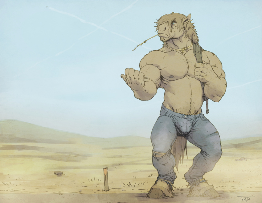 2016 5_fingers anthro armpits backpack biceps blue_eyes blue_sky brown_fur brown_hair brown_nipples bulge clothed clothing day desert detailed_background digital_media_(artwork) equine forge_(artist) front_view full-length_portrait fur hair hitchhiking hooves horse male mammal muscular muscular_male nipples outside pants pecs portrait road sand sky solo standing topless torn_clothing wheat