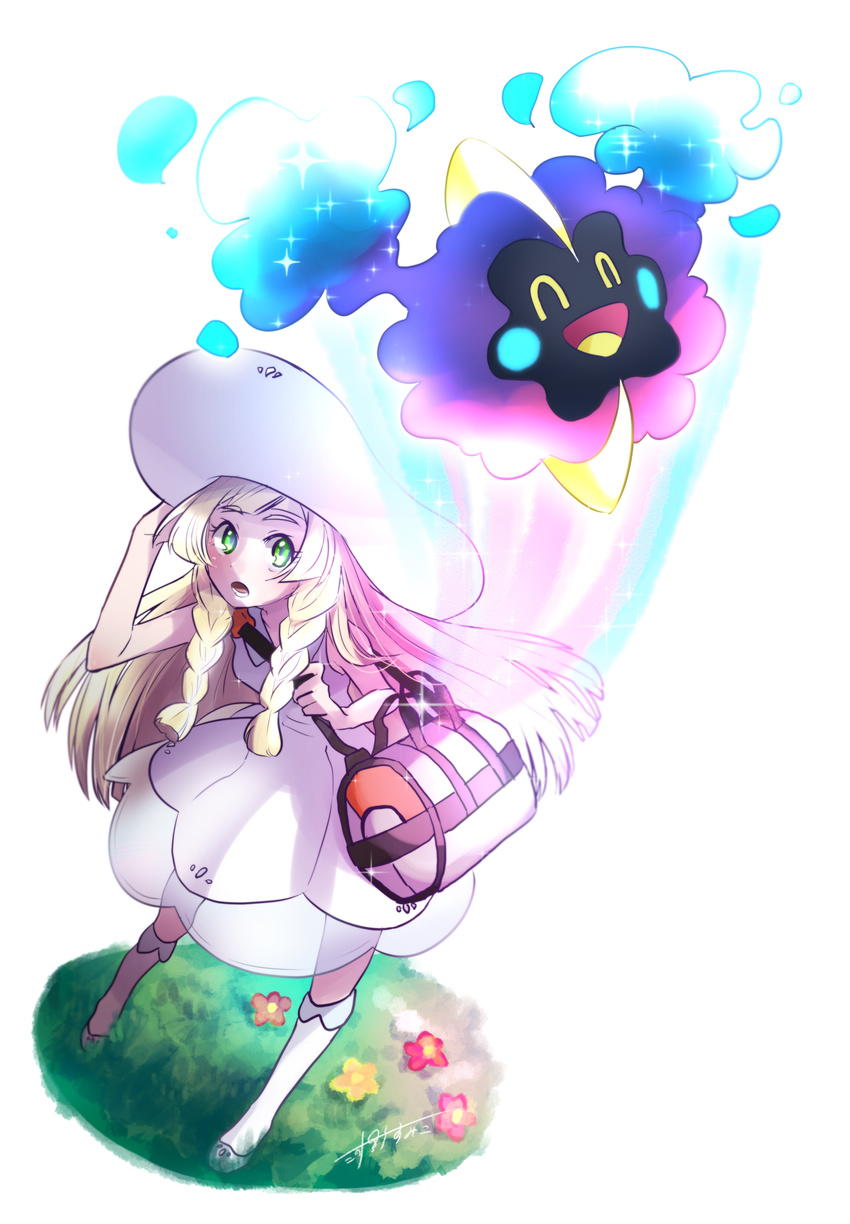 ^_^ absurdres bad_id bad_pixiv_id bag bangs blonde_hair blunt_bangs blush_stickers braid closed_eyes commentary_request cosmog dress duffel_bag flower gen_7_pokemon green_eyes green_footwear hand_on_headwear hat highres kouno_sumiko lillie_(pokemon) long_hair looking_up open_mouth poke_ball_symbol pokemon pokemon_(creature) pokemon_(game) pokemon_sm shoes signature simple_background sleeveless smile sparkle sun_hat sundress twin_braids very_long_hair white_background white_dress white_hat white_legwear