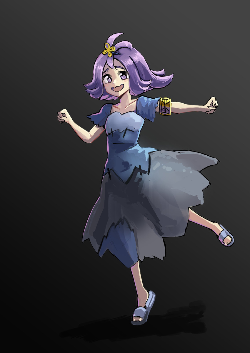 1girl acerola_(pokemon) black_background dress eyebrows eyelashes full_body hair_ornament highres komakinyan looking_at_viewer nintendo open_mouth open_shoes pokemon pokemon_(game) pokemon_sm purple_eyebrows purple_eyes purple_hair sandals solo