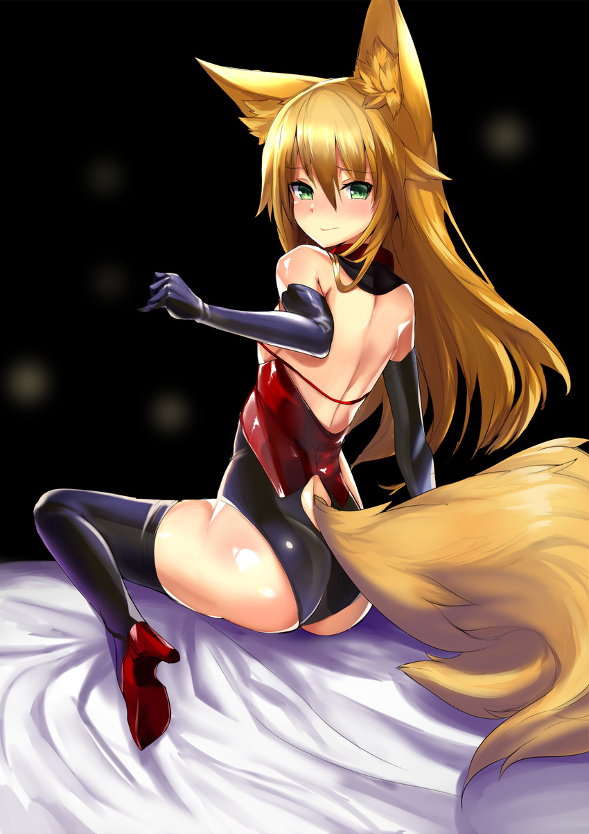 animal_ears ass back black_gloves black_legwear blonde_hair blush borrowed_character breasts closed_mouth commentary_request elbow_gloves fox_ears fox_girl fox_tail from_behind gloves green_eyes haik hair_between_eyes high_heels highres kokonoe_tsubaki latex leotard long_hair looking_at_viewer looking_back original red_footwear shoes sitting small_breasts solo tail thighhighs