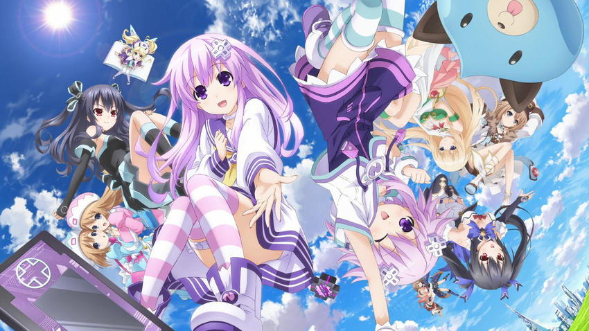 artist_request bare_shoulders black_hair blanc blonde_hair blue_eyes blush book breasts brown_hair choujigen_game_neptune_the_animation cloud d-pad d-pad_hair_ornament day dogoo hair_ornament hat highres histoire holding_hands interlocked_fingers large_breasts long_hair looking_at_viewer multiple_girls nepgear neptune_(choujigen_game_neptune) neptune_(series) noire official_art open_mouth purple_eyes purple_hair ram_(choujigen_game_neptune) red_eyes rom_(choujigen_game_neptune) short_hair siblings sisters sky smile twins twintails two_side_up uni_(choujigen_game_neptune) upside-down vert wings