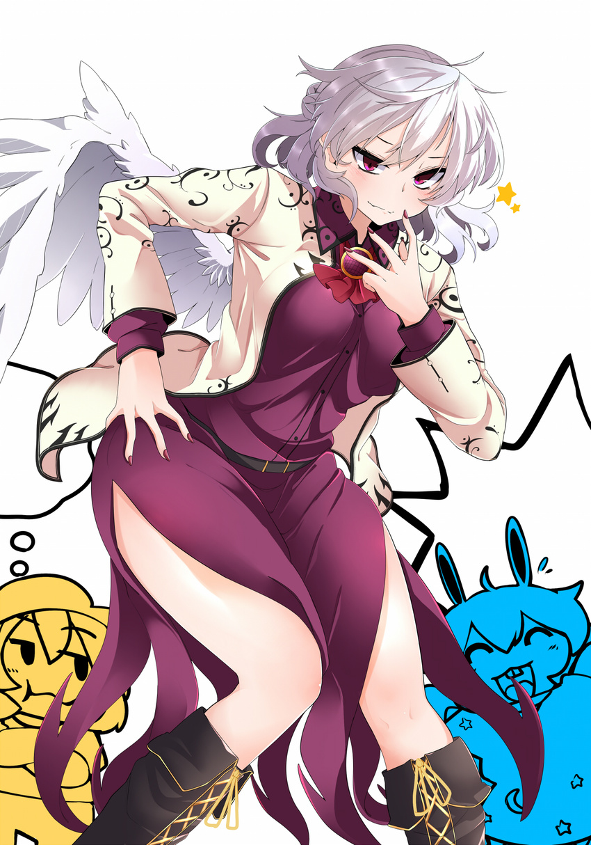 belt black_footwear boots braid breasts brooch cross-laced_footwear dress feathered_wings highres jacket jewelry kishin_sagume looking_at_viewer medium_breasts multiple_girls nail_polish open_clothes open_jacket pink_eyes purple_dress rihito_(usazukin) ringo_(touhou) seiran_(touhou) silver_hair simple_background single_wing standing touhou white_background white_wings wings