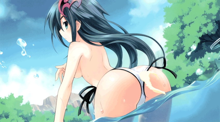 1girl animated ass back bikini blue_eyes breasts choujigen_game_neptune cum cum_on_ass female hair_ornament hetero long_hair looking_back neptune_(series) nitroplus nitroplus_(choujigen_game_neptune) outdoors photoshop shin_jigen_game_neptune_vii side-tie_bikini sideboob solo swimsuit topless tsunako water