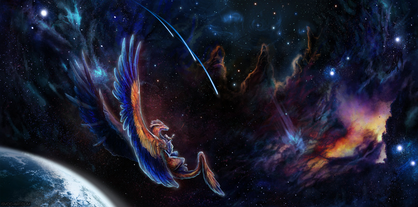 amazing_background ambiguous_gender blue_feathers detailed_background digital_media_(artwork) dragon feathered_dragon feathers fur furred_dragon isvoc nude orange_feathers planet sky solo space star starry_sky