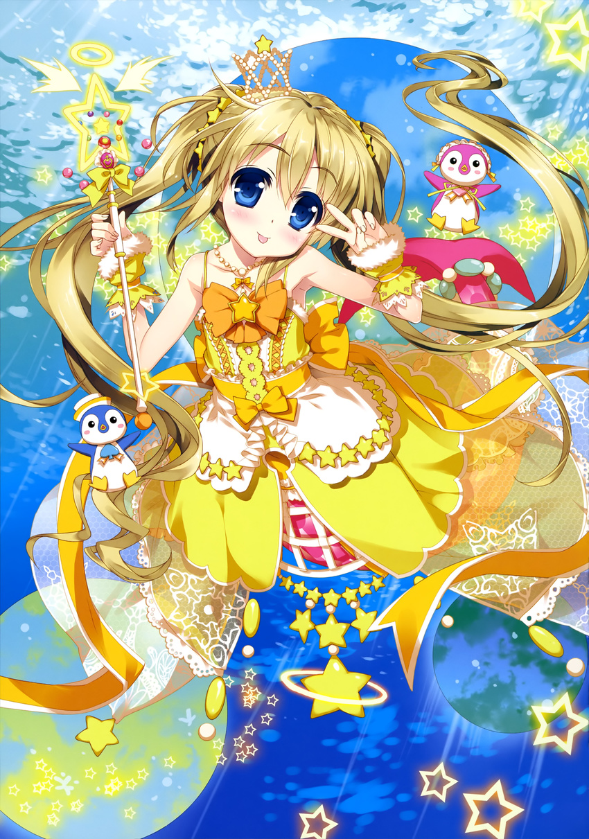 absurdres bird blonde_hair blue_eyes cardfight!!_vanguard crown dress eyebrows eyebrows_visible_through_hair fujima_takuya hair_between_eyes highres holding long_hair looking_at_viewer magical_girl pacifica_(cardfight!!_vanguard) penguin scan sleeveless sleeveless_dress solo twintails v wrist_cuffs yellow_dress