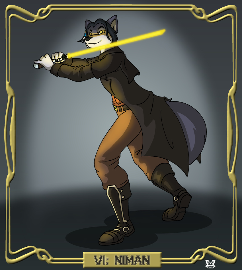 anthro beads belt black_hair boots canine clothing duster_coat fangs footwear fur grey_fur hair invalid_tag jedi kanj'isha lightsaber longcoat mammal melee_weapon star_wars teeth valy_j._thunderbeast weapon wolf yellow_eyes