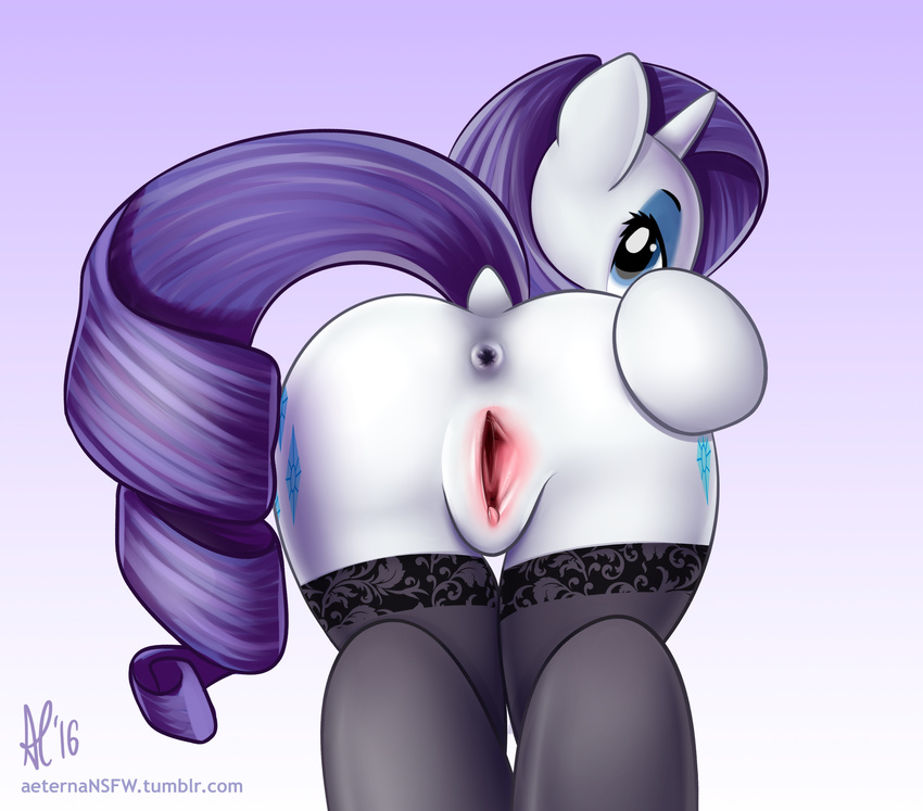 2016 aeterna anus butt clitoris close-up clothing cutie_mark dock equine female friendship_is_magic fur hair hi_res horn horse legwear looking_at_viewer looking_back mammal my_little_pony pony presenting presenting_hindquarters purple_hair pussy pussy_juice raised_tail rarity_(mlp) rear_view simple_background solo spread_pussy spreading stockings unicorn unicorn_horn