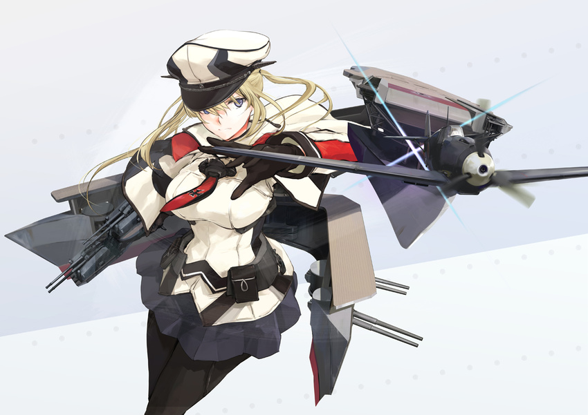 bf_109 black_legwear blonde_hair breasts capelet flight_deck frown gloves graf_zeppelin_(kantai_collection) hat kantai_collection large_breasts long_hair military military_uniform necktie pantyhose peaked_cap pleated_skirt pouch simple_background skirt solo takeshima_satoshi turret twintails uniform