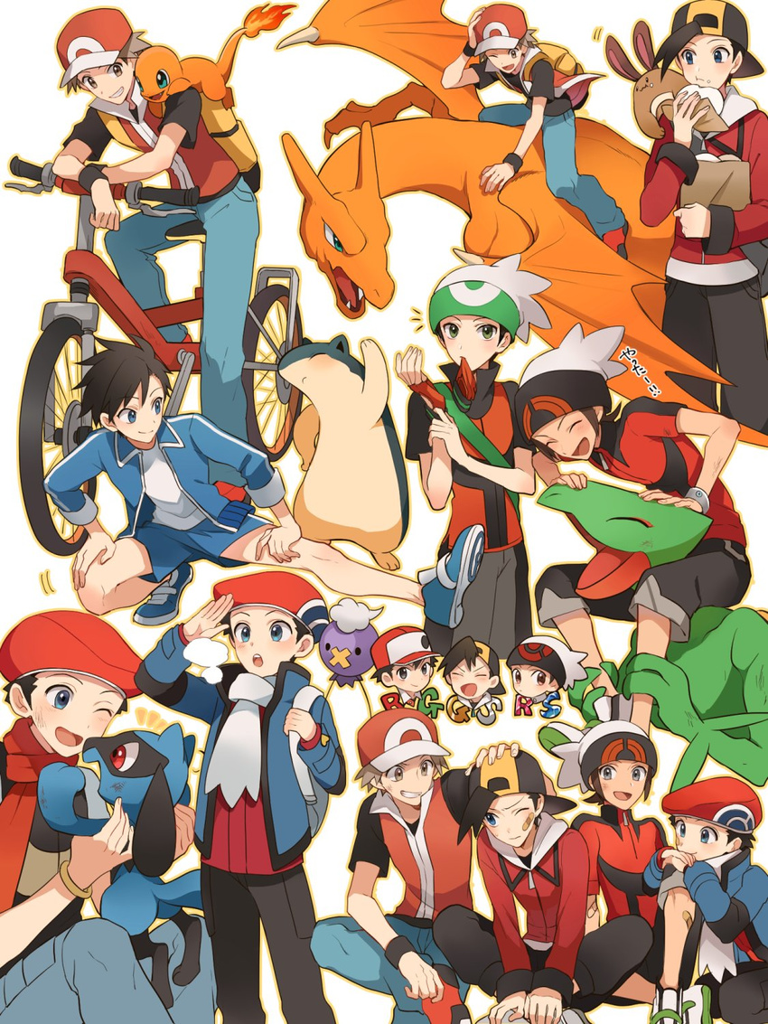 alternate_costume backpack backwards_hat bag bandaid bandaid_on_face bandaid_on_knee baozi baseball_cap beret bicycle black_hair blue_eyes breath brown_eyes brown_hair carrying charizard charmander coat drifloon fingerless_gloves food food_on_face gen_1_pokemon gen_2_pokemon gen_3_pokemon gen_4_pokemon gloves gold_(pokemon) green_eyes grey_eyes grin ground_vehicle gym_shorts gym_uniform hand_on_another's_head hat highres injury jacket kouki_(pokemon) looking_at_another looking_at_viewer multiple_boys multiple_persona multiple_views orange_gloves outline picking_up pokemon pokemon_(creature) pokemon_(game) pokemon_dppt pokemon_emerald pokemon_gsc pokemon_hgss pokemon_oras pokemon_platinum pokemon_rgby pokemon_rse red_(pokemon) red_(pokemon_frlg) red_(pokemon_rgby) riding riolu scarf sceptile sentret shoes short_hair short_sleeves shorts shoulder_carry simple_background sitting smile sneakers stretch track_jacket typhlosion white_background winter_clothes yukin_(es) yuuki_(pokemon)
