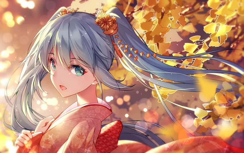 :d aqua_eyes aqua_hair bison_cangshu blue_hair floating_hair flower from_side ginkgo ginkgo_leaf hair_flower hair_ornament hatsune_miku highres japanese_clothes kimono long_hair looking_at_viewer open_mouth smile solo twintails upper_body vocaloid