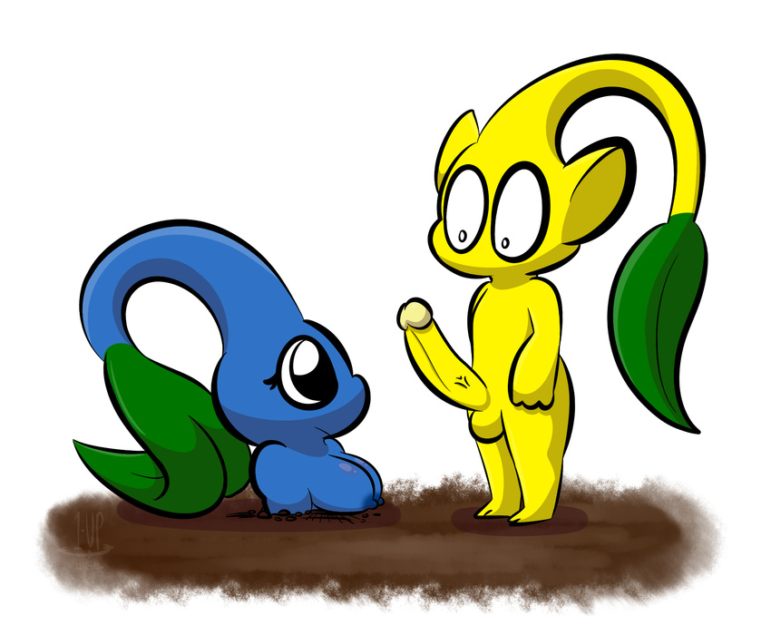 1-upclock anthro balls blue_pikmin breasts duo erection female flower male nintendo nipples nude penis pikmin pikmin_(species) plant stuck video_games yellow_pikmin