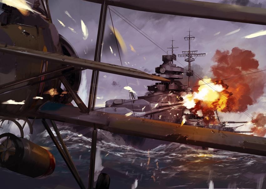 airplane battleship biplane bismarck firing military military_vehicle no_humans real_life ship smoke swordfish_(airplane) takeshima_satoshi torpedo turret war warship water watercraft world_war_ii