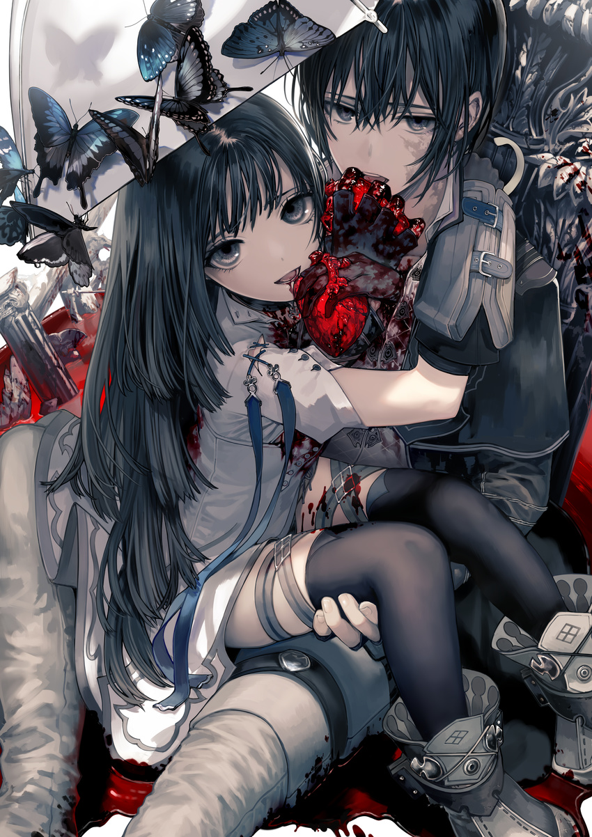 1girl :d absurdres black_eyes black_gloves black_hair black_legwear blood boots brother_and_sister bug butterfly fingerless_gloves gloves heart_(organ) highres insect isekai_meikyuu_no_saishinbu_wo_mezasou long_hair looking_at_viewer open_mouth siblings sitting sitting_on_person smile teeth thighhighs ukai_saki