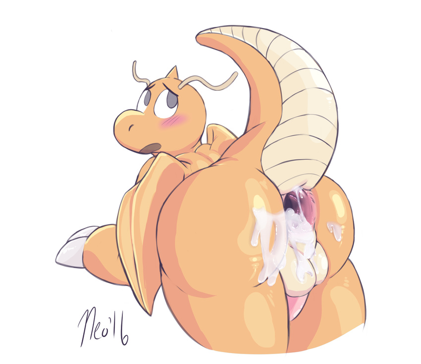 anus ass_up backsack balls blush chub_(disambiguation) cum cum_in_ass cum_inside dragon dragonite gaping gaping_anus looking_back male neokandra nintendo open_mouth penis pok&eacute;mon rear_view scalie simple_background slightly_chubby solo video_games